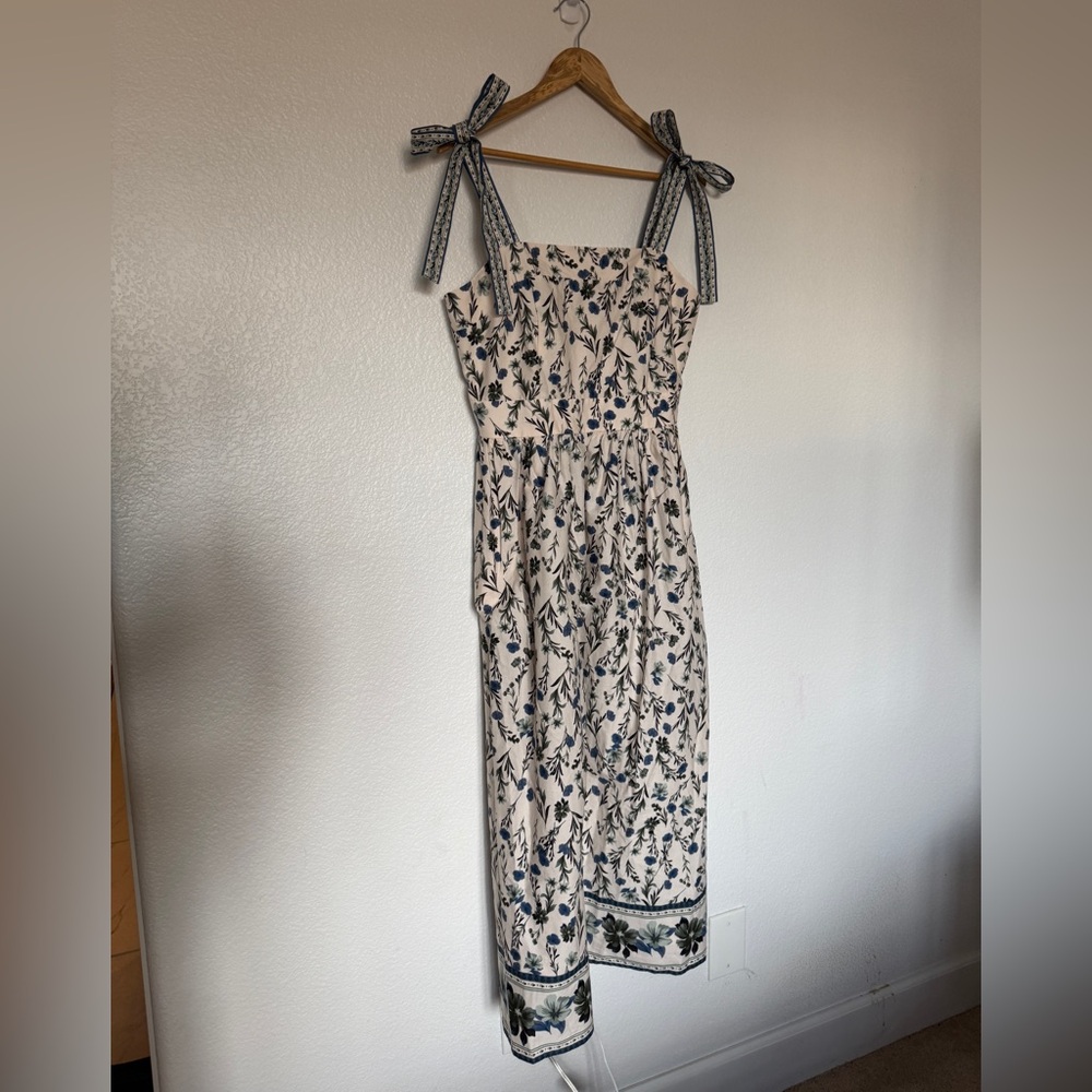 Women’s Floral Tie-Shoulder Sundress Midi Dress — Cream with Blue Print - XL